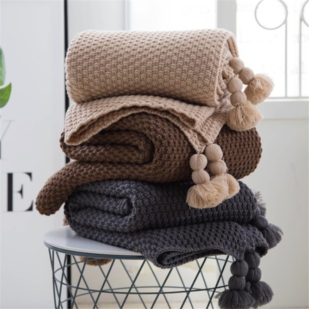 Nordic Fringed Knit Ball Blanket: Cozy Layers with Scandinavian Charm